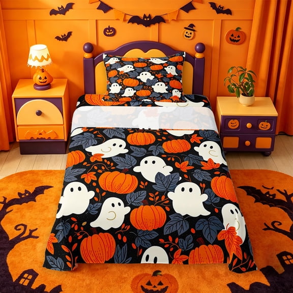 Homewish Cute Halloween Ghost Twin Sheets,Autumn Pumpkin Leaf Pattern Bedding,Black Orange White,3 Pieces,1 Fitted Sheet and 1 Pillowcase