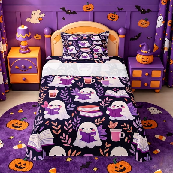 Homewish Cute Halloween Ghost Twin Sheets,Leaf Book Drink Print Bedding,Dark Purple Pink,3pcs,1 Fitted Sheet and 1 Pillowcase