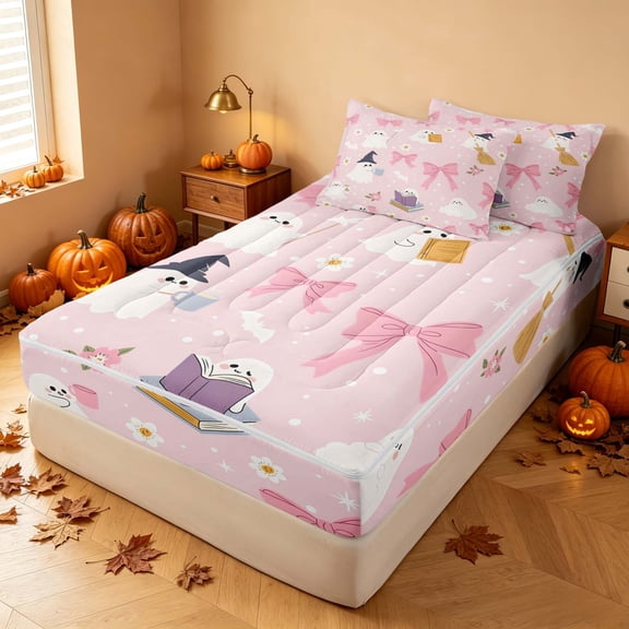Homewish Cute Halloween Ghost Zipper Twin Comforter Sets with Fitted Sheet and 2 Pillowcases for Girls, Pastel Floral Bow Zipper Bedding Set, Light Pink White Black, Pink Reversible