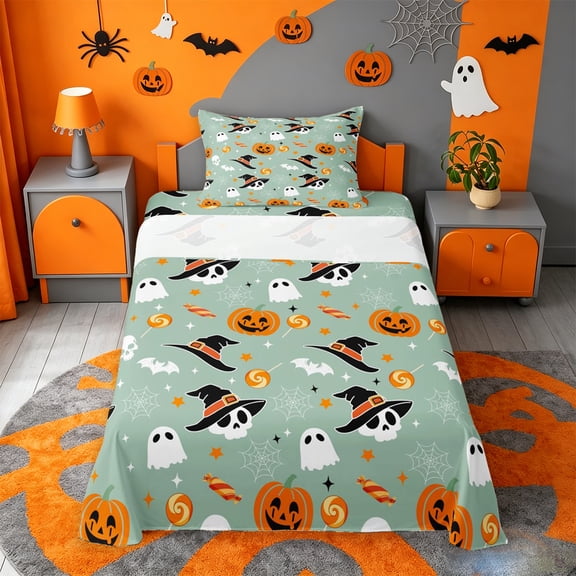 Homewish Cute Halloween Style Twin Sheets,Witch Hat Skull Pumpkin Candy Spider Print Bedding,3 Pieces,1 Fitted Sheet and 1 Pillowcase