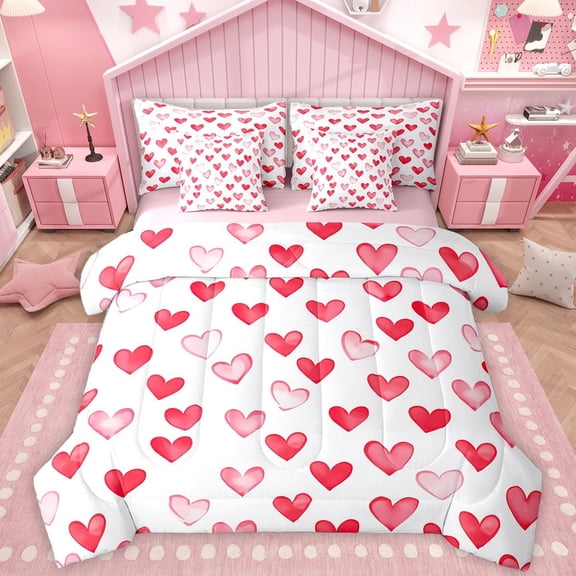 Homewish Cute Heart Loves 7-Piece Twin Bedding Sets,Happy Valentine'S Day Bedding Comforter Set,White Pink Sheet Sets For Girls Kids,Breathable Home Decor Reversible
