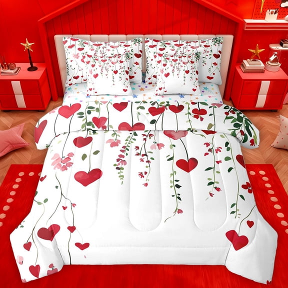 Homewish Cute Heart Print 7-Piece Twin Bedding Sets,Loves Pattern Bedding Comforter Set,White Red Sheet Sets For Girls Kids,Microfiber Bedroom Decor Reversible