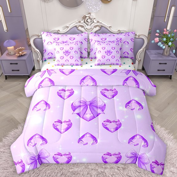 Homewish Cute Heart Print 7 Pieces Bedding Comforter Set,Ribbon Bow Tie Full Bedding Set,Purple Diamond Fitted Sheet Flat Sheet For Girls Kids,Ultra Soft Home Decor Reversible