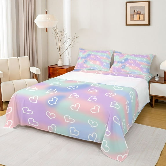 Homewish Cute Heart Print Twin Sheet Sets,Loves Pattern Twin Fitted Sheet,Pink Purple Blue Ombre Flat Sheet For Girls Kids,Microfiber Bedroom Decor,3 Pieces