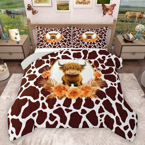 Homewish Cute Highland Cattle Queen Comforter Set for Kids, Fashion Cow Print Bedding Sets, Vibrant Rustic Flower Reversible Bedding Comforter Set, Breathable Home Decor, 3pcs