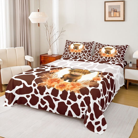 Homewish Cute Highland Cattle Twin Sheet Sets for Kids, Fashion Cow Print Twin Fitted Sheet, Vibrant Rustic Flower Flat Sheet, Breathable Home Decor, 3pcs