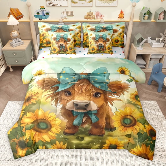 Homewish Cute Highland Cow 7-Piece Bedding Comforter Set,Farm Highland Cattle King Bedding Sets,Yellow Sunflower Blue Bow Tie Bed Sheets For Girl Boys,Ultra Soft Home Decor Reversible