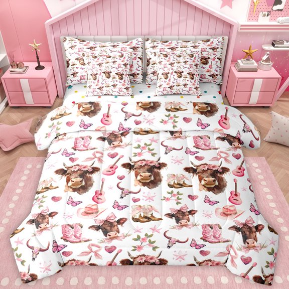 Homewish Cute Highland Cow 7-Piece Twin Bedding Sets,Rustic Western Cowgirl Bedding Comforter Set,Country Bull Skull Sheet Sets For Girls Kids,Breathable Home Decor Reversible