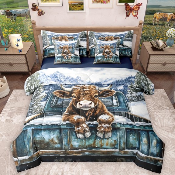 Homewish Cute Highland Cow 7 Pieces Bedding Comforter Set,Brown Blue White Full Bedding Set,Country Farmhouse Lodge Fitted Sheet Flat Sheet For Girls,Breathable Home Decor Reversible