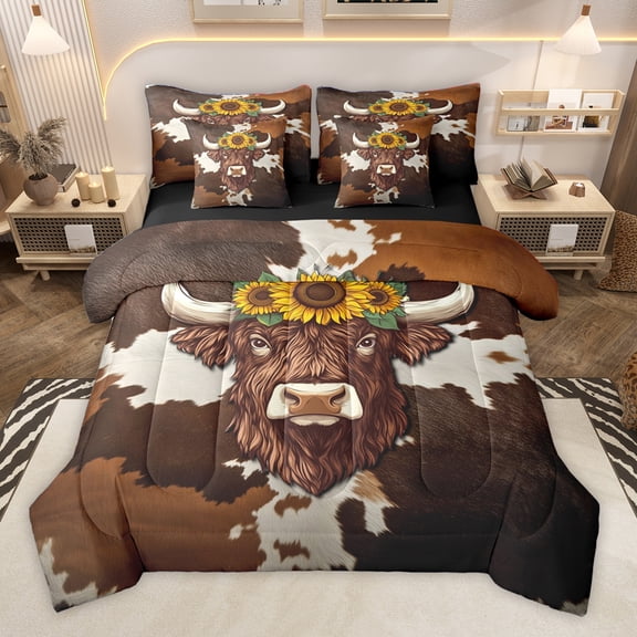 Homewish Cute Highland Cow 7pcs Bedding Comforter Set,Brown Cattle Hide Queen Bedding Sets,Rustic Farmhouse Cabin Queen Sheet Sets For Girl Boys,Ultra Soft Home Decor Reversible
