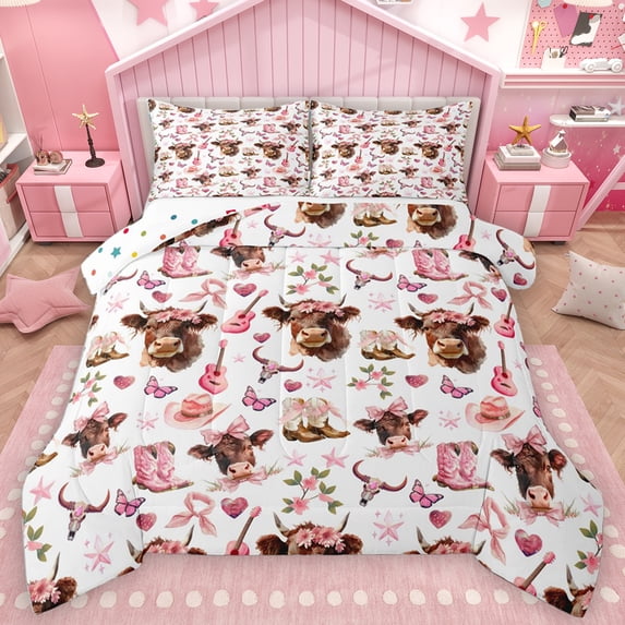 Homewish Cute Highland Cow Bedding Comforter Set,Rustic Western Cowgirl Twin Comforter Sets,Country Bull Skull Bedding Set For Girls Kids,Breathable Home Decor Reversible,2pcs