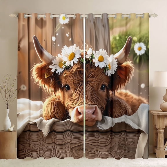 Homewish Cute Highland Cow Black Out Curtains,Rustic Flower Daisy Curtains Pack of 2 (42x63 Each),Country Farmhouse Lodge Bedroom Curtains For Girls,Breathable Home Decor