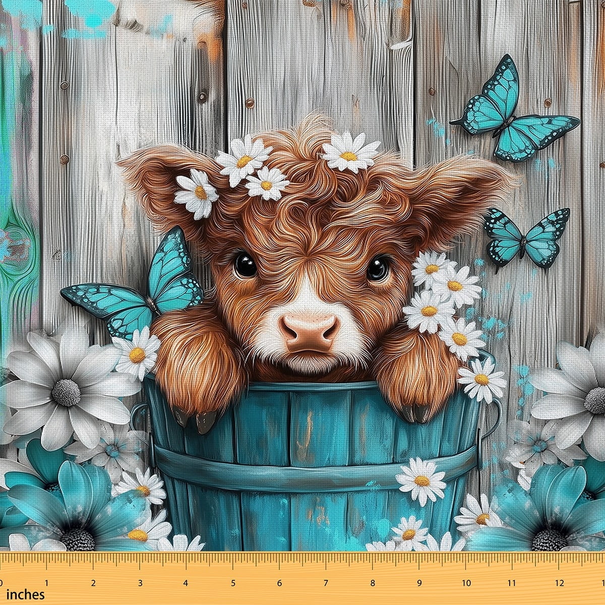 Homewish Cute Highland Cow Fabric by the Yard 2 Yard,Blue Butterlirs Cute Flower Room Decor Fabric by the Yard,Rustic Farmhouse Cabin Fabric for Sewing For Girls,Breathable Home Decor