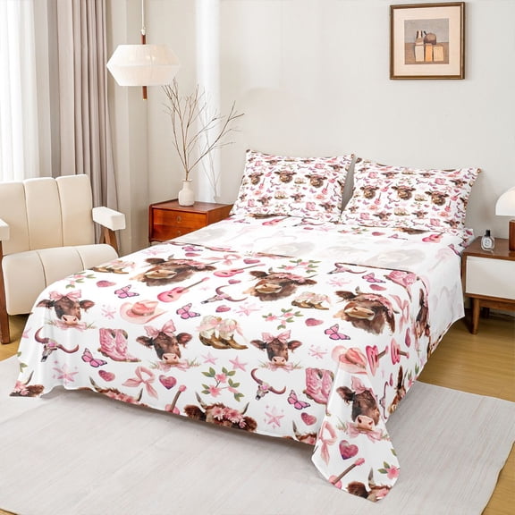Homewish Cute Highland Cow Full Size Sheets,Rustic Western Cowgirl Bed Sheets,Country Bull Skull Sheet Sets For Girls Kids,Breathable Home Decor,4-Piece