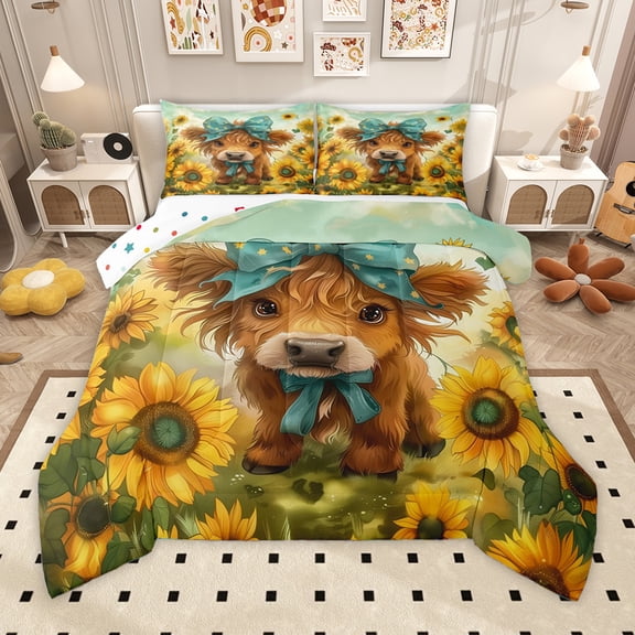 Homewish Cute Highland Cow Queen Comforter Set,Farm Highland Cattle Bedding Sets,Yellow Sunflower Blue Bow Tie Bedding Comforter Set For Girl Boys,Ultra Soft Home Decor Reversible,3pcs