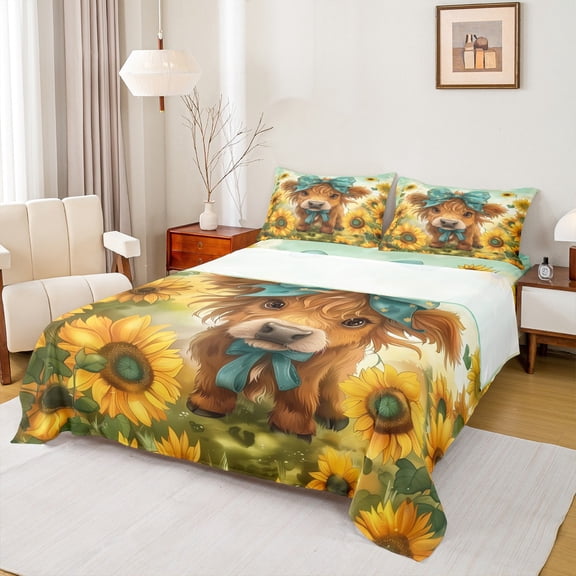Homewish Cute Highland Cow Twin Sheet Sets,Farm Highland Cattle Twin Fitted Sheet,Yellow Sunflower Blue Bow Tie 03 For Girl Boys,Ultra Soft Home Decor,3-Piece
