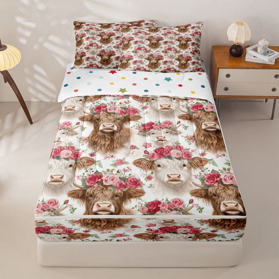 Homewish Cute Highland Cow Zipper Full Size Comforter Sets with Fitted Sheet and 2 Pillowcases,Pink Red Flowers Blossom Zipper Bedding Set For Girls Boys,Reversible,4-Piece