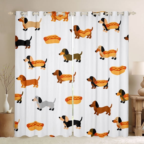Homewish Cute Hot Dog Dachshund Blackout Curtains,Cartoon Pet Themed Curtains Pack of 2 (42x84 Each),White