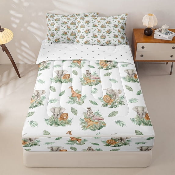 Homewish Cute Jungle Animal Zipper Full Size Comforter Sets with Fitted Sheet and 2 Pillowcases, Cartoon Elephant Lion Zipper Bedding Set, Reversible, 4-Piece