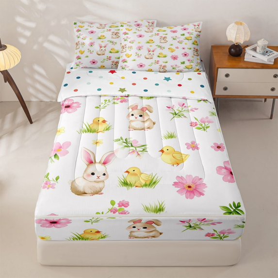 Homewish Cute Kawaii Bunny Zipper Full Size Comforter Sets with Fitted Sheet and 2 Pillowcases,Pink Flowers Floral Happy Easter Theme Zipper Bedding Set For Girls Kids,Reversible,4 Pieces