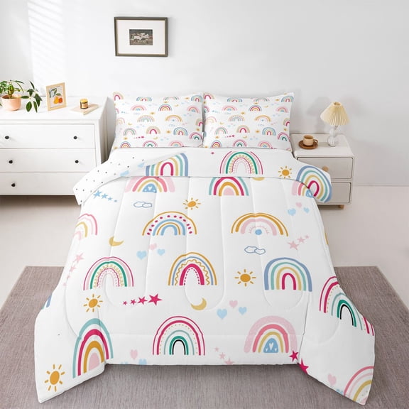 Homewish Cute Kids Rainbow Bedding Comforter Set, Cartoon Stars Sun Moon Twin Comforter Sets, Kawaii Love Heart Reversible Bedding Set, Microfiber Bedroom Decor, 2-Piece