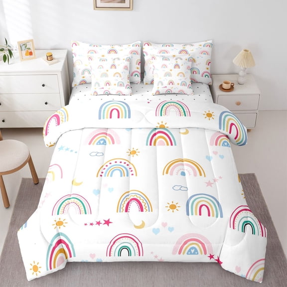 Homewish Cute Kids Rainbow Twin Bedding Sets 7-Piece, Cartoon Stars Sun Moon Bedding Comforter Set, Kawaii Love Heart Reversible Sheet Sets, Microfiber Bedroom Decor