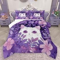 Homewish Cute Kitten Animal Queen Comforter Set for Teen, Cartoon Garden Cat Bedding Sets, Dreamy Purple Flower Reversible Bedding Comforter Set, Luxury Bedroom Decor, 3 Pieces