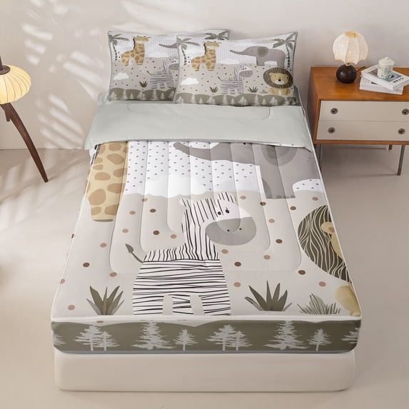 Homewish Cute Lion Animal Zipper Twin Comforter Sets with Fitted Sheet and 2 Pillowcases for Kids, Cartoon Zebra Zipper Bedding Set, Gray Reversible, 4 Pieces