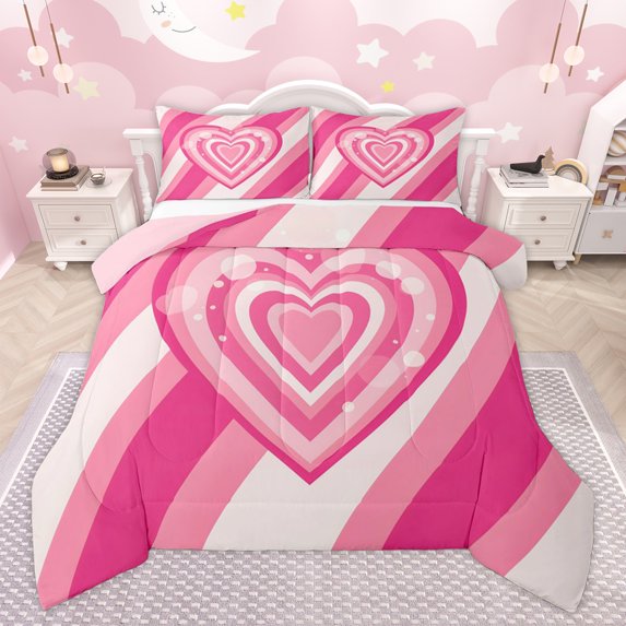 Homewish Cute Love Heart Full Size Comforter Sets for Teens, Pink Cartoon Abstract Bedding Comforter Set, Kawaii Princess Style Reversible Bedding Sets, Luxury Bedroom Decor, 3pcs