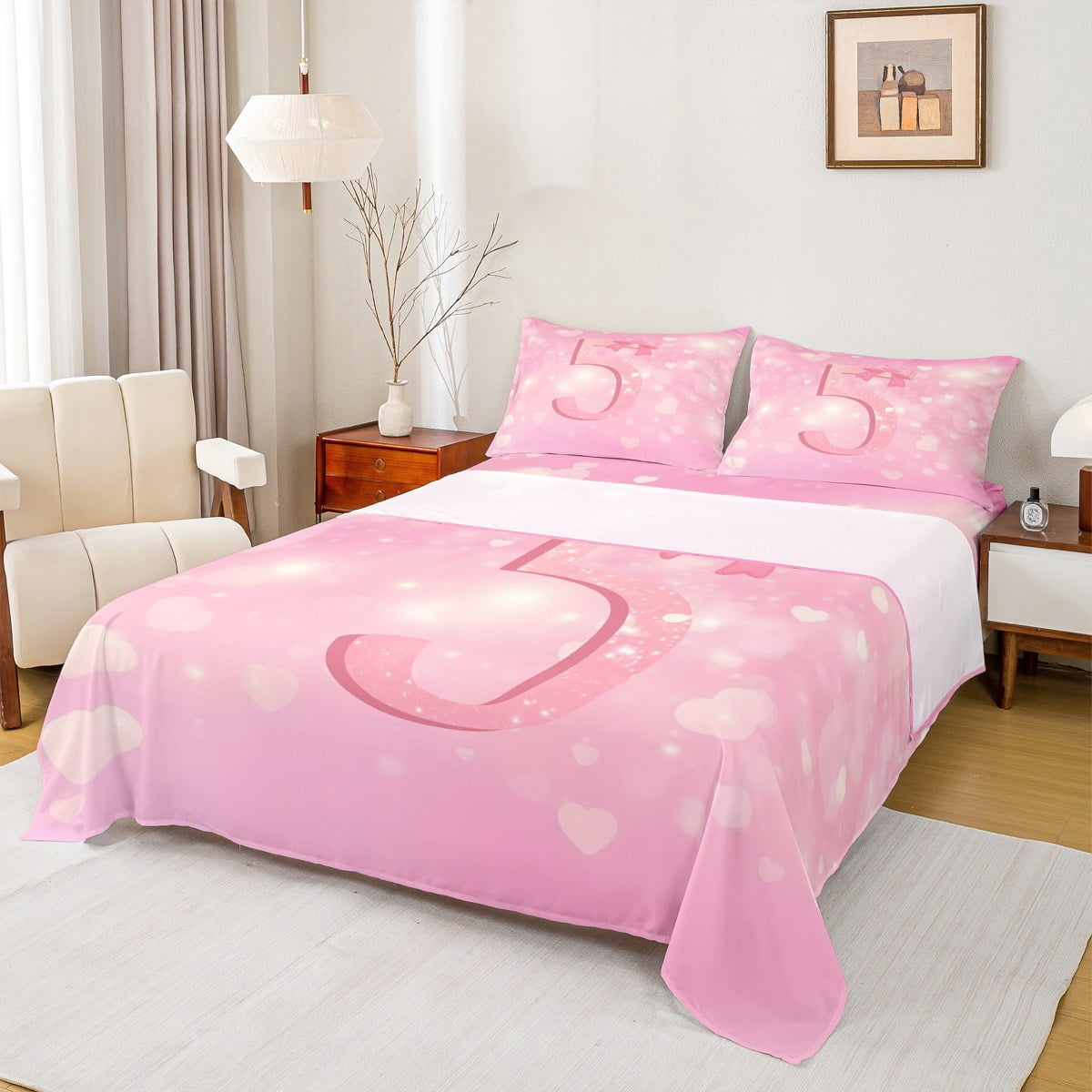 Homewish Cute Love Pattern Queen Sheet Set，Fifth Birthday Pink Number 5 ...