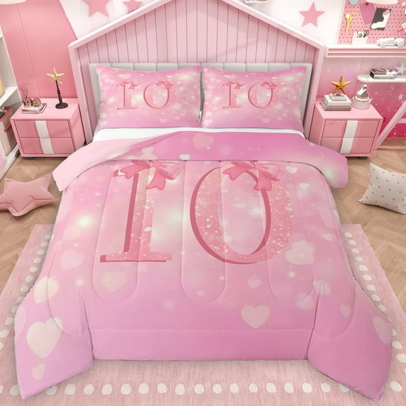 Homewish Cute Loves Pattern Queen Comforter Set,Fifth Birthday Bedding Sets,Pink Number 10 Bedding Comforter Set For Teens,Ultra Soft Home Decor Reversible,3-Piece