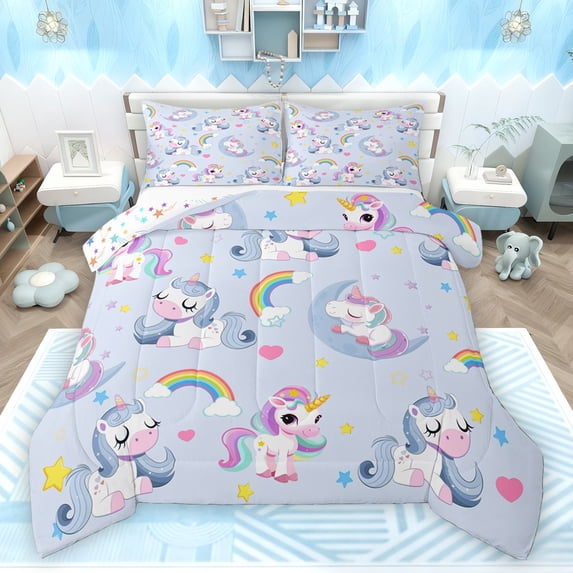 Homewish Cute Magical Horse 3 Pieces Queen Comforter Set for Teens Boys Girls,Cartoon Rainbow Unicorn Ultra Soft Bedding Sets,Kawaii Stars Love Heart Bedding Comforter Set Breathable