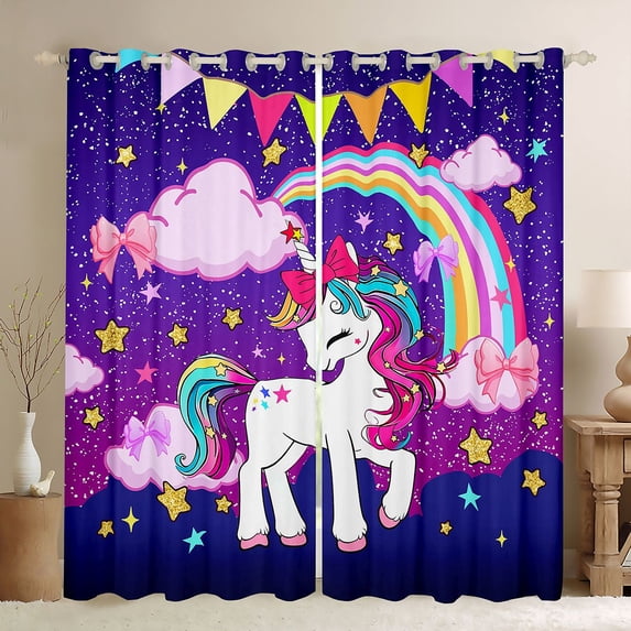 Homewish Cute Magical Horse Blackout Curtains Set of 2 (52x84 Each) for Teens Boys Girls,Cartoon Rainbow Starry Sky Window Curtains,Kawaii Bow Unicorn Curtains and Drapes,Super Cozy Room Decor