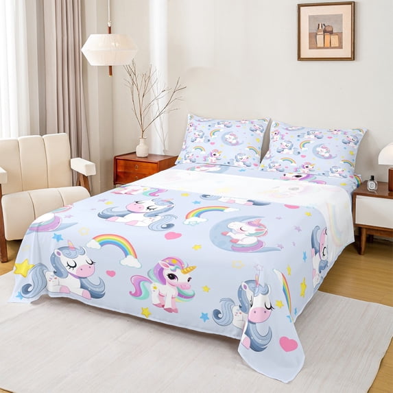 Homewish Cute Magical Horse Full Size Sheets 4-Piece for Teens Boys Girls,Cartoon Rainbow Unicorn Breathable Bed Sheets,Kawaii Stars Love Heart Lightweight Sheet Sets,Super Cozy Room Decor
