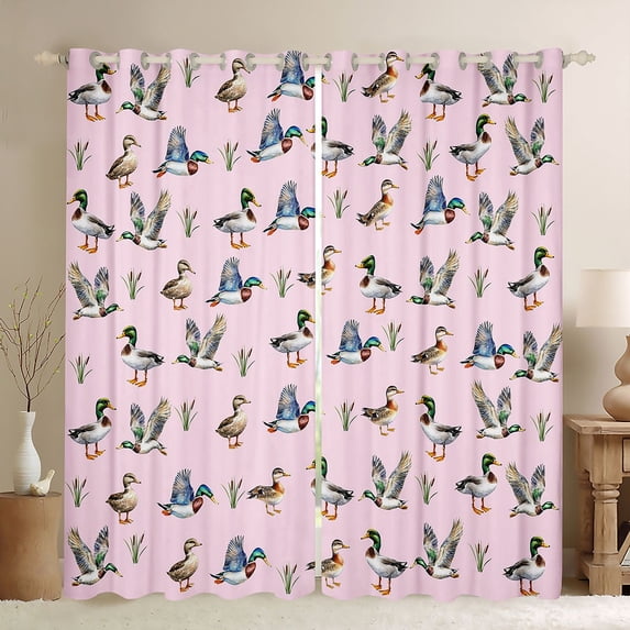Homewish Cute Mallard Duck Curtains Pack of 2 (42x84 Each),Country Farmhouse Lodge Curtains Blackout,Pink Green Gray Bedroom Curtains For Kids,Microfiber Bedroom Decor