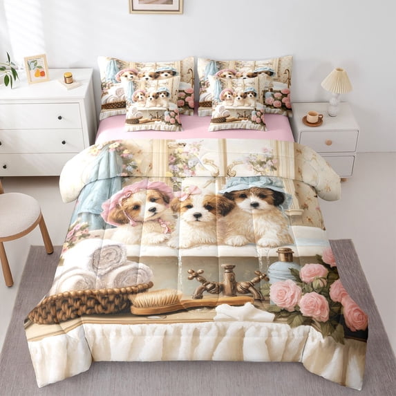 Homewish Cute Maltese Dog 7-Piece Twin Bedding,Pink Peony Flower Bedding Comforter Set,Cream,Pink Reversible