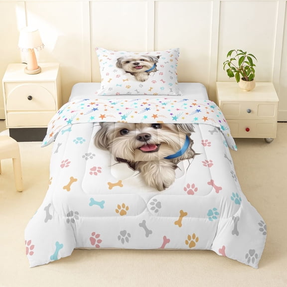 Homewish Cute Maltese Dog Twin Comforter Sets,Kawaii Paw Print Bedding Set,White,Colorful Stars Reversible,2 Pieces,1 Comforter and 1 Pillowcase