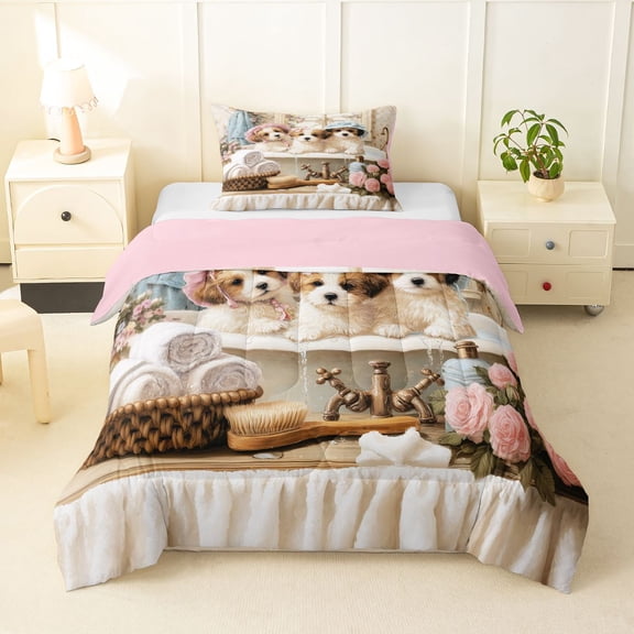 Homewish Cute Maltese Dog Twin Comforter Sets,Pink Peony Flower Bedding Set,Cream,Pink Reversible,2pcs,1 Comforter and 1 Pillowcase