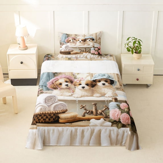 Homewish Cute Maltese Dog Twin Sheets,Pink Peony Flower Bedding,Cream,3pcs,1 Fitted Sheet and 1 Pillowcase