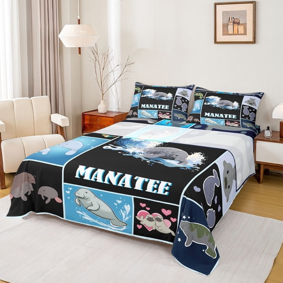 Homewish Cute Manatee Ocean Queen Sheet Set, Gray Black, 4-Piece Microfiber