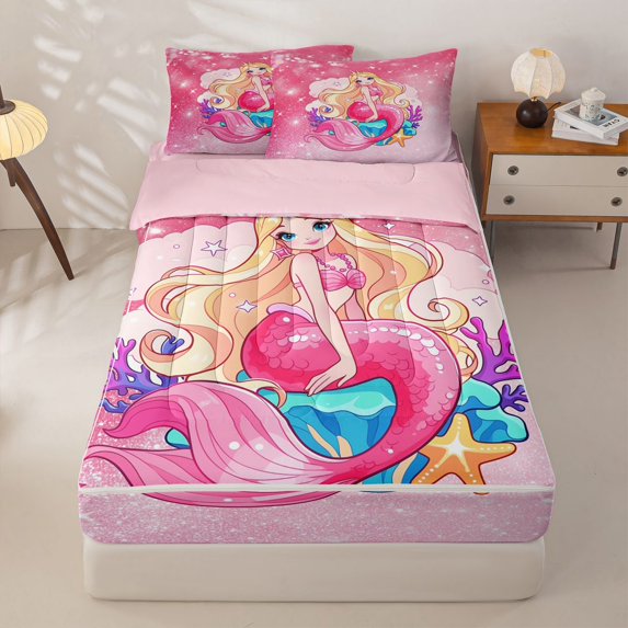 Homewish Cute Mermaid Pattern Zipper Twin Comforter Sets with Fitted Sheet and 2 Pillowcases,Ocean Life Sea Animal Zipper Bedding Set For Girls Teens,Reversible,4 Pieces