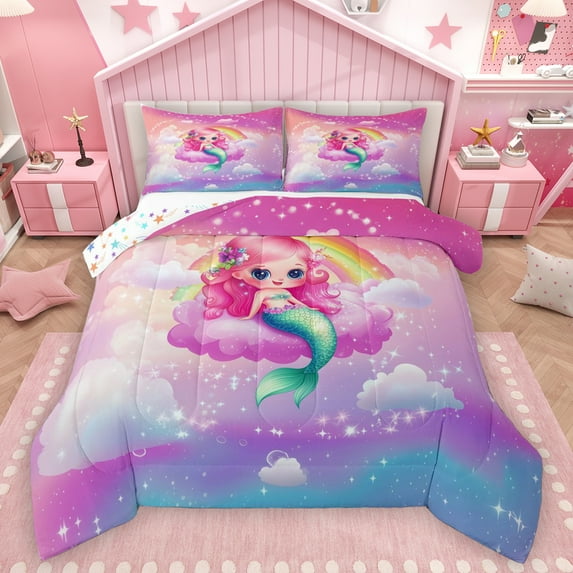 Homewish Cute Mermaid Queen Comforter Set,Cartoon Starry Sky Bedding Sets,Gradient Pink Purple Bedding Comforter Set For Girls Kids,Super Cozy Room Decor Reversible,3pcs