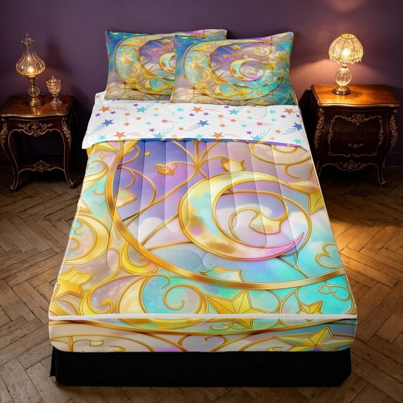 Homewish Cute Moon Stars Print Zipper Full Size Comforter Sets with Fitted Sheet and 2 Pillowcases for Girls, Rainbow Zipper Bedding Set, Colorful Stars Reversible