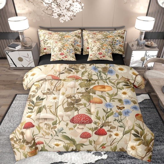Homewish Cute Mushroom 7-Piece Bedding Comforter Set,Rustic Daisy Flower King Bedding Sets,Brown Red Bed Sheets For Adults,Microfiber Bedroom Decor Reversible