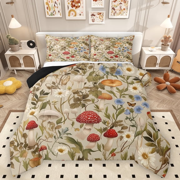 Homewish Cute Mushroom Queen Comforter Set,Rustic Daisy Flower Bedding Sets,Brown Red Bedding Comforter Set For Adults,Microfiber Bedroom Decor Reversible,3pcs