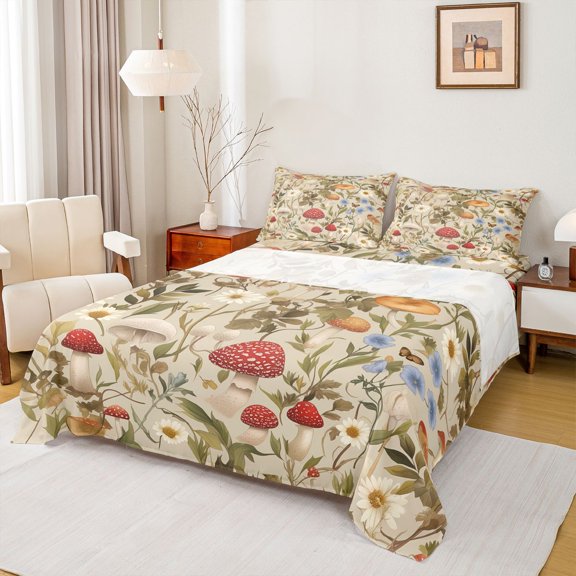 Homewish Cute Mushroom Twin Sheet Sets,Rustic Daisy Flower Twin Fitted Sheet,Brown Red Flat Sheet For Adults,Microfiber Bedroom Decor,3-Piece