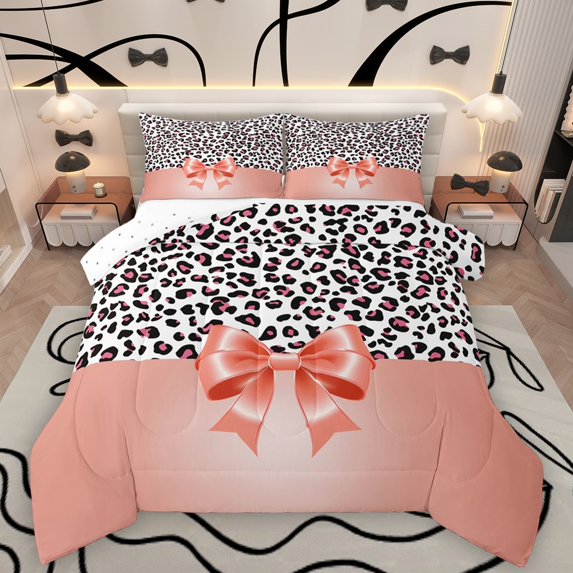 Homewish Cute Orange Ribbon Bowtie 3-Piece Full Size Comforter Sets For Female Girls Adults,Leopard Print Bedding Comforter Set,Animal Cheetah Print Lightweight Bedding Sets,Breathable Home Decor