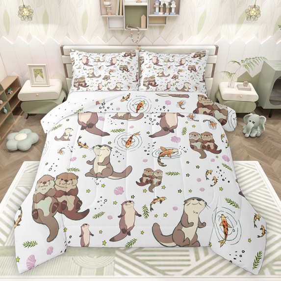 Homewish Cute Otter Bedding Comforter Set 2pcs for Children Teenagers,Stars Print Twin Comforter Sets Microfiber,Cartoon Animal Koi Fish Breathable Bedding Set,Super Cozy Room Decor,Reversible