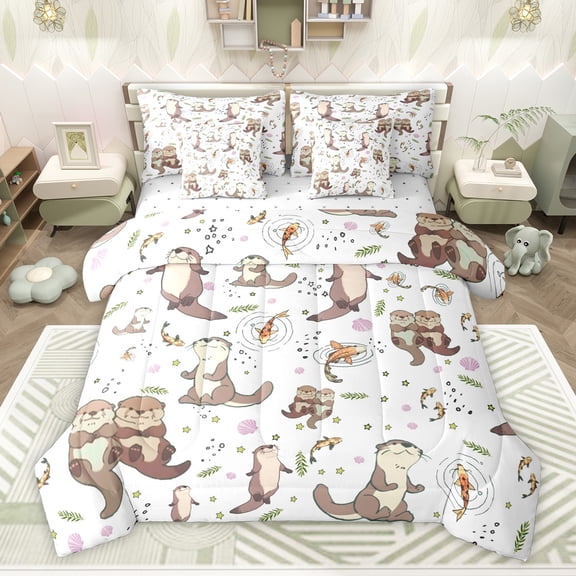 Homewish Cute Otter Bedding Comforter Set 7 Pieces for Children Teenagers,Stars Print Full Bedding Set Lightweight,Cartoon Animal Koi Fish Fitted Sheet Flat Sheet,Super Cozy Room Decor