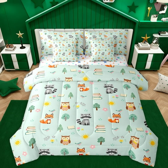 Homewish Cute Owl Fox 7 Pieces Bedding Comforter Set,Wild Animal Full Bedding Set,Green Orange Gray Fitted Sheet Flat Sheet For Girls Kids,Ultra Soft Home Decor Reversible